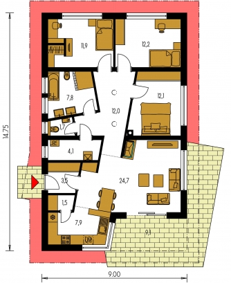 Spiegelverkehrter Entwurf | Grundriss des Erdgeschosses - BUNGALOW 147